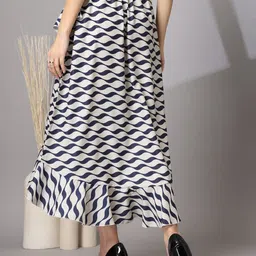 wordope Women Floral Print Asymetric White, Dark Blue Skirt image 2