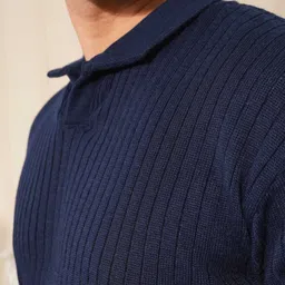 kvetoo Men Solid Collared Neck Blue Sweater image 4