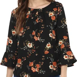 Casual Bell Sleeves Floral Print Women Black Top-image-5