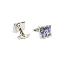 Calvadoss Men Silver-Toned & Blue Stoned Studded Square Cufflinks image 3
