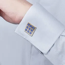 Calvadoss Men Silver-Toned & Blue Stoned Studded Square Cufflinks image 2