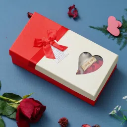 ecraftindia Red Roses Bouquet And White & Red Teddy Bear 's Rectangle Shaped Gift Box image 2