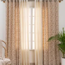 Beige & Cream Cotton Floral 7.5ft Sheer Eyelet Door Curtains (Pack of 4)-image-8