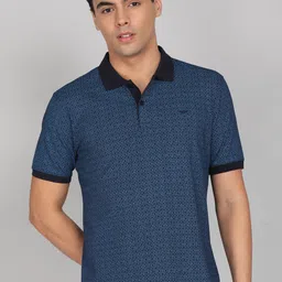 park avenue Men Printed Polo Neck Cotton Blend Dark Blue T-Shirt-picture-31
