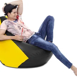 style homez XXXL Premium Leatherette Classic Black Yellow Color Teardrop Bean Bag With Bean Filling image 5