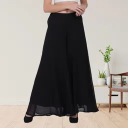 Women Regular Fit Black Georgette Trousers-image-2