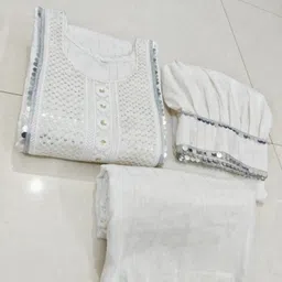 insha emporium White Cotton Afghani Dress Embroidered Kurta, Salwar & Dupatta Set image 1