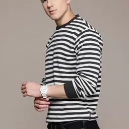 roadster Men Striped Round Neck Grey, Black Sweater image 4