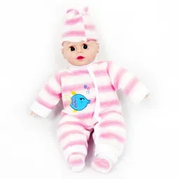 babuniya Soft Baby Doll Pink Striped Dress with Hat – Realistic Face, Cuddly Toy for Kids image 4