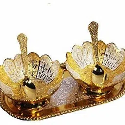 navya craft Brass Plated Designer Bowl Set with Serving Spoons And Trays (Silver And Gold) Bowl, Tray, Spoon Serving Set-picture-29