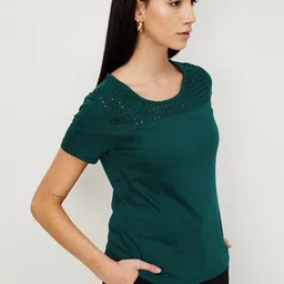 max Women Printed Round Neck Pure Cotton Green T-Shirt image 2