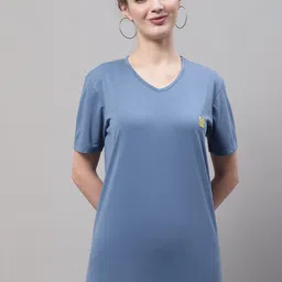 mack jonney Women Self Design Round Neck Pure Cotton Blue T-Shirt-picture-24