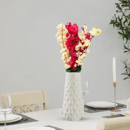 Artificial Yellow & Red Flowers Bunch with White Textured Plastic Vase Artificial Plant with Pot-image-81