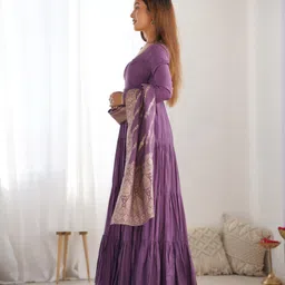 sajavat ethenic wear PURE ROMANSILK CHANDERI FABRIC ANARKALI,WITH DUPPTA AND PENT Solid Anarkali Kurta, Bottom & Dupatta Set image 3