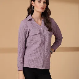 pluss Women Regular Fit Self Design Spread Collar Casual Shirt image 4