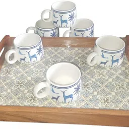 nohunt Pack of 7 Ceramic Ceramic Printed Tea Cup Set with Wooden Serving Tray 150ml Each Cups, Tea Cups image 3