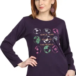 chozi Women Printed Round Neck Cotton Blend Purple T-Shirt-picture-26