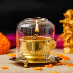 denique Akhand Diya,Adjustable Batti Lifting Screw Wick Holder,Gorilla Glass Cover,Large Brass, Borosilicate Glass Table Diya image 1
