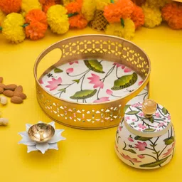 Premium Pichwai Tray with Steel Jar and Lotus Brass Diya for Diwali Iron, Gold Plated Decorative Platter-image-26