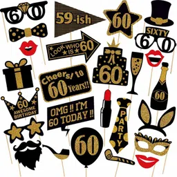 zyozi Fully Assembled 60th Birthday Photo Booth Props - Set of 26 - Black & Gold Selfie Signs - 60th Party Supplies & Decorations - Cute 60th Bday Designs Photo Booth Board-picture-24