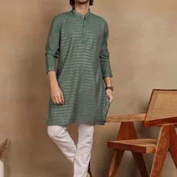 house of pataudi Men Embroidered, Embellished Viscose Rayon Straight Kurta-picture-12