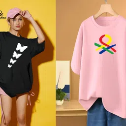 rapturous Pack of 2 Women Printed Round Neck Cotton Blend Black, Pink T-Shirt-picture-11