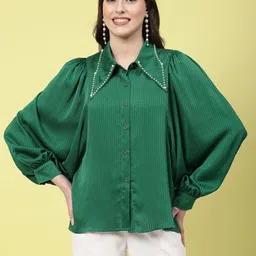 mafadeny Casual Regular Sleeves Striped Women Green Top-picture-27