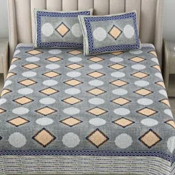 bedsheet dotcom Blue Traditional 180 TC Cotton Printed Bedsheet With Two Pillow Covers For Queen Bed (Block Printed ,Blue ,153 GSM) image 1