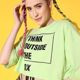 STREET 9 Women Green Printed Cotton Drop-Shoulder Sleeves Bio Finish Boxy T-shirt-image-93