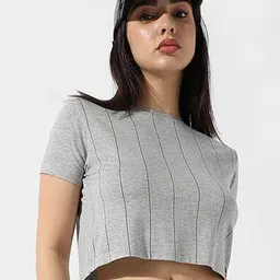 Campus Sutra Grey Striped Cotton Regular Crop Top-image-46