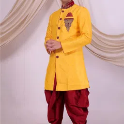 Pooja Ethnic Pooja Ethnic Men's Yellow Silk Sherwani with Dhoti PE9066 Solid Sherwani image 2