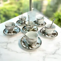 deeptech expertise Pack of 18 Ceramic Luxury 18-Piece Gold Leaf Ceramic Tea Cup Saucer & Spoon Set image 2