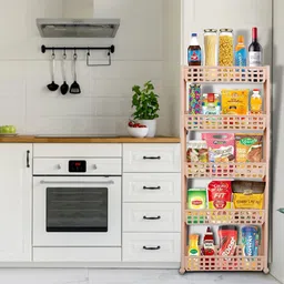 cutting edge 5 Layer | Beige | SLIM Classic- Smart Storage Organizer – Multipurpose & Easy-To-Move Slide Out Shelf Basket Rack Trolley EcoPlastic With Wheels for Kitchen | Bedroom | Bathroom | Home | Pantry | Washing & Utility Area Plastic Kitchen Trolley image 5