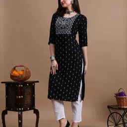 metafab Women Embroidered Viscose Rayon A-line Kurta image 1