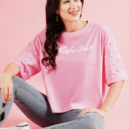 Women Printed Round Neck Pure Cotton Pink T-Shirt-image-25