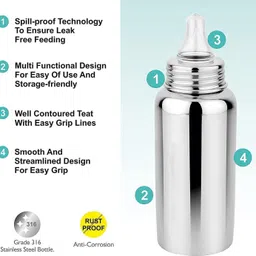 drisona Steel Bottle 304 Grade for Milk Feeding & Blue Spoon Bottle for Food Feeder - Silicon, Steel image 2