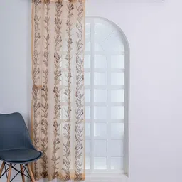 parda online Brown & Gold Polyster Floral 7ft Sheer Eyelet Window/Door (1 Pc) image 2
