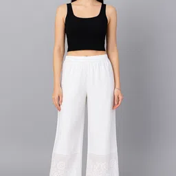 a h embroidery Women Comfort Fit White Cotton Blend Trousers-picture-21