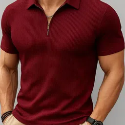 Men Self Design Polo Neck Cotton Blend Maroon T-Shirt-image-53