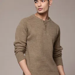 roadster Men Self Design Round Neck Brown Sweater-picture-23