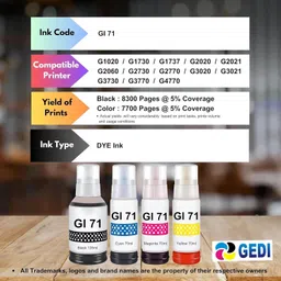 Gedi GI 71 Ink Compatible for G1020 G1730 G1737 G2020 G2021 G2060 G3020 Printer Black + Tri Color Combo Pack Ink Bottle image 2