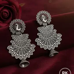 rkstore Oxidized Silver Peacock Jhumka Earrings Silver Drops & Danglers-picture-34