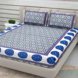 patricko Blue Traditional 220 TC Cotton Double Queen Bedsheet with 2 Pillow Covers image 2