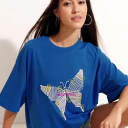 tokyo talkies Women Self Design Round Neck Cotton Blend Blue T-Shirt image 1