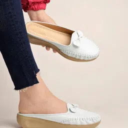 shoetopia Stylish Comfortable Upper Bow Detailed White Slip-On Loafers For Girls Loafers For Women-picture-22