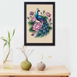poorvika enterprises Elegant Peacock with Lotus Wall Art Photo Frame for Home & Office Décor Digital Reprint 9 inch x 12 inch Painting image 1