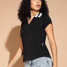 the dry state Women Solid Polo Neck Cotton Blend Black T-Shirt image 5