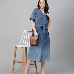 janasya Women A-line Blue Midi/Calf Length Dress-picture-18