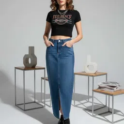 high-buy Women Solid Straight Blue Skirt image 2