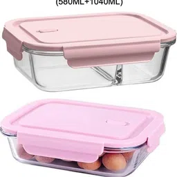 swaks Borosilicate Glass Bowl with AirTight Lid (580+1040ML) 2PC SET MULTICOLOUR LID 2 Containers Lunch Box image 1
